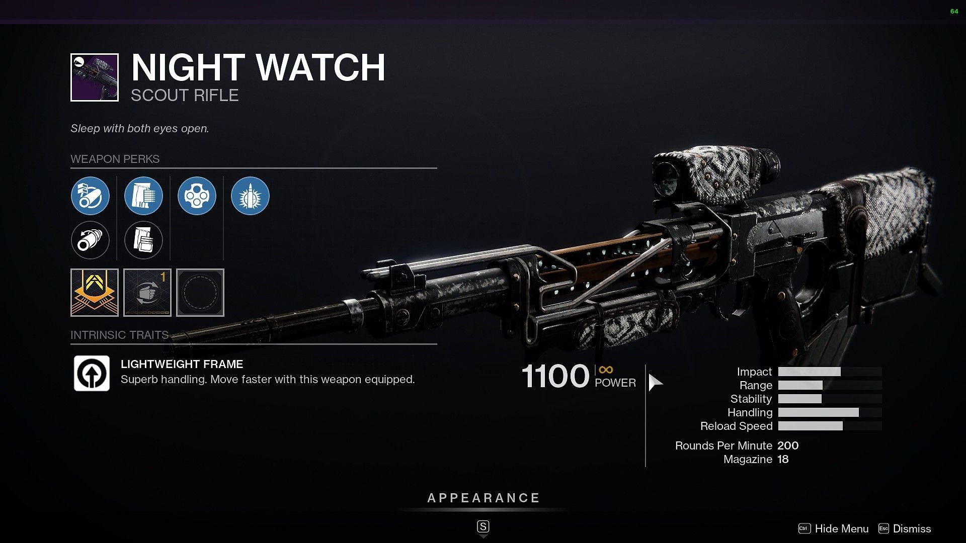Night Watch Scout Rifle in Xur inventory this week (Image via Bungie)